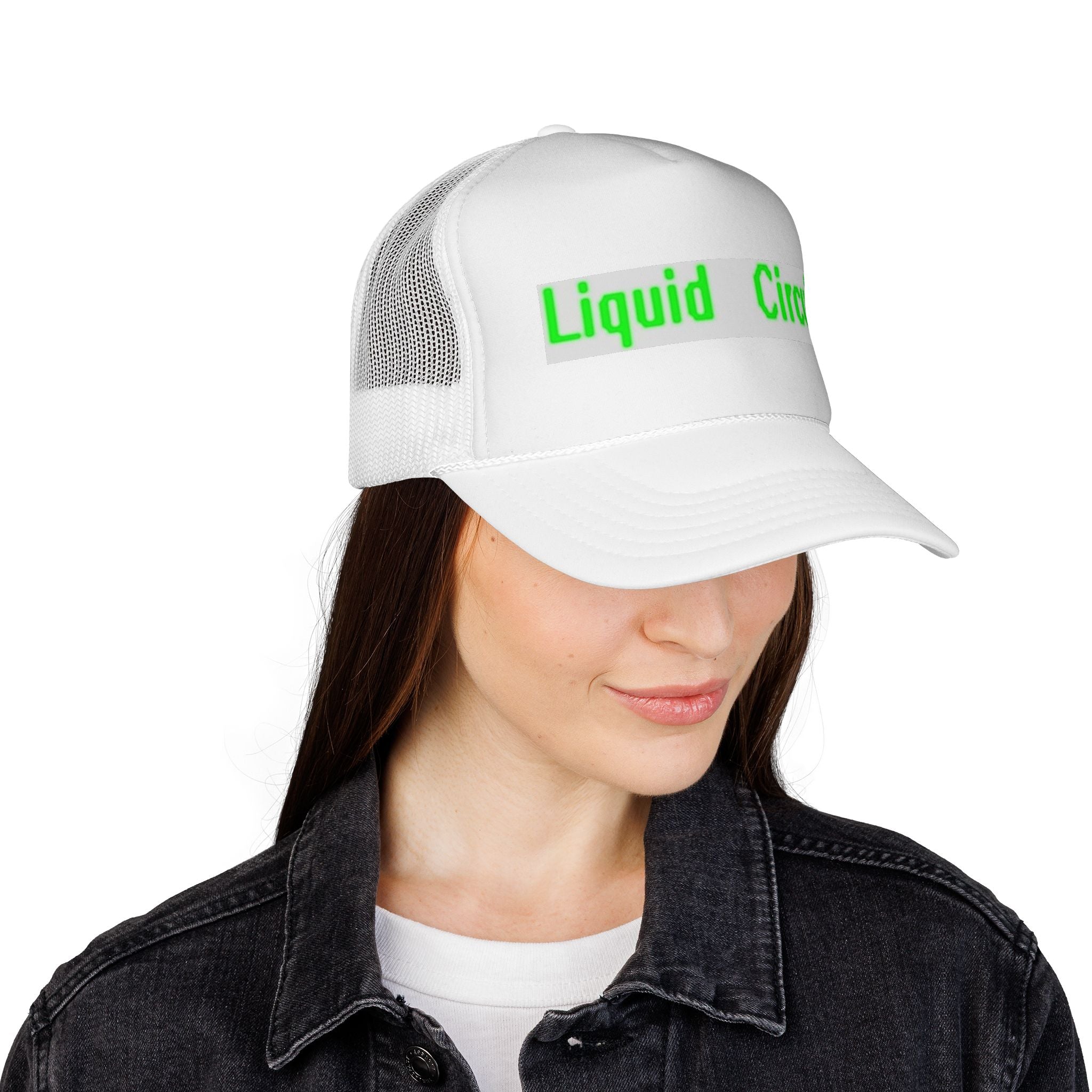Liquid Circuit Trucker Cap — Neon Green Retro Tech Mesh Hat