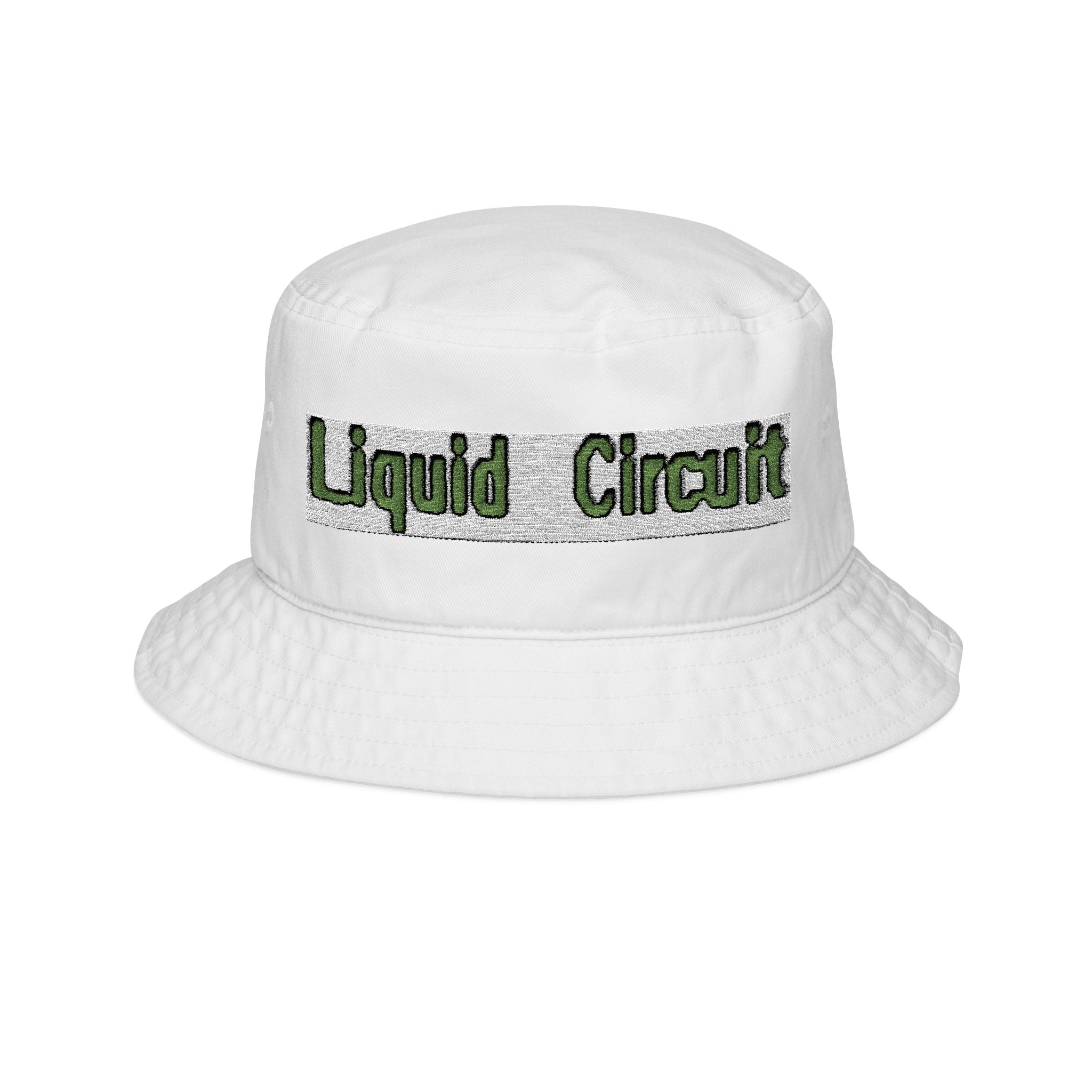 Liquid Circuit Embroidered Bucket Hat — Green Moss Text Streetwear